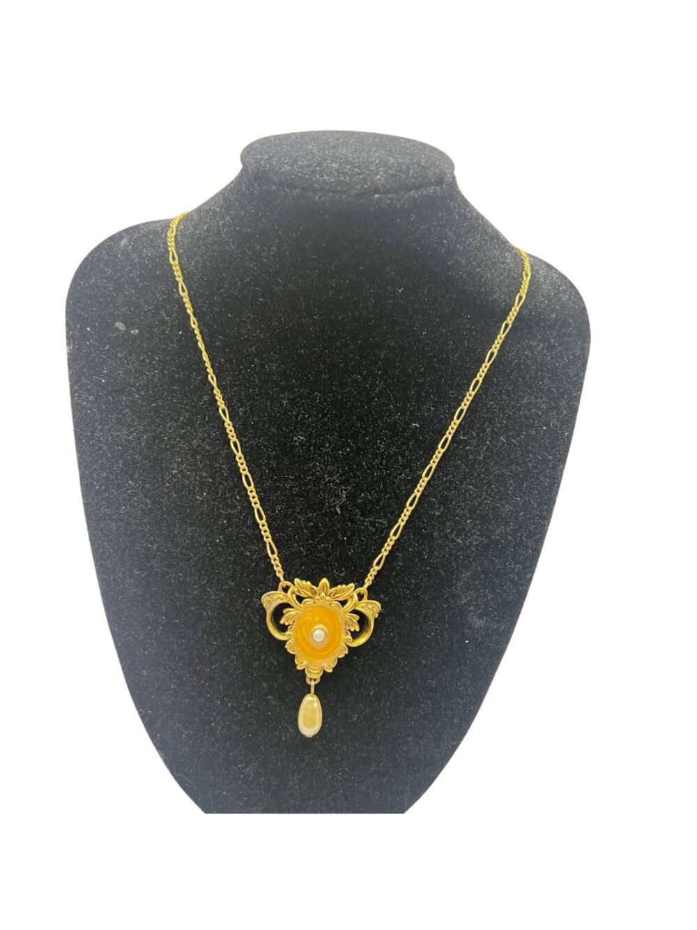 Vtg Avon Enamel Necklace Faux Pearl Pendant Ornate Floral 16" Elegant Romantic